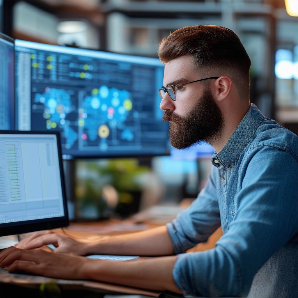 square image of a software engineer with NO beard testing integration on a desktop with visible screen