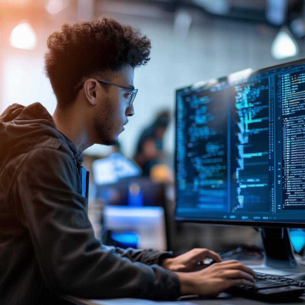 square image of a young software engineer validating software integration on a computer with visible data